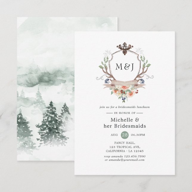 Vild Woodland Vapensköld Monogram Bridesmaids Lunc Inbjudningar (Fram/baksida)