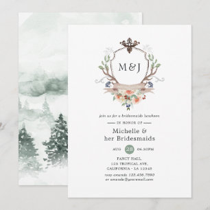 Vild Woodland Vapensköld Monogram Bridesmaids Lunc Inbjudningar