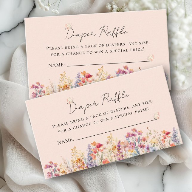 Vilda Blomma Barnkalas Blöja-Lott Biljett Tilläggskort (Wildflower Baby Shower Diaper Raffle Ticket Enclosure Card, Blush-Pink for Baby Girl.)
