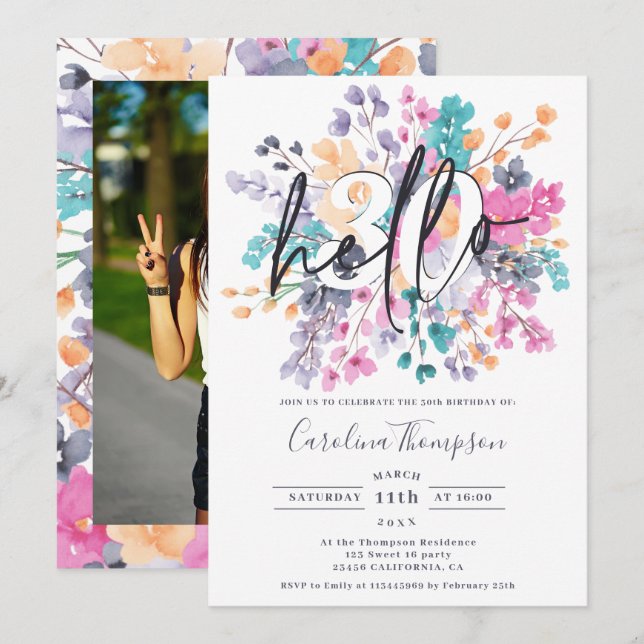 Vilda blommor akvarell blomstergrej foto hello 30 inbjudningar (Fram/baksida)