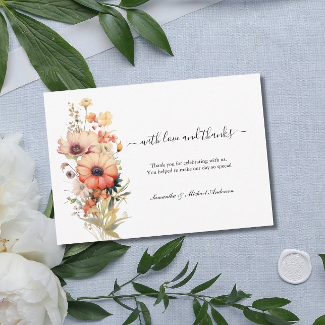Vilda blommor Akvarell Bröllop Tacksamhetskort Tack Kort (Peach pink yellow wildflower Wedding thank you cards Personalized.)
