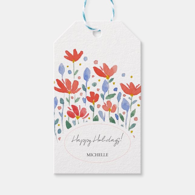 Vilda blommor akvarell i sött rött och blått presentetikett (Framsidan)