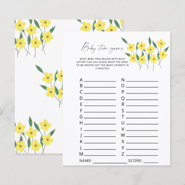 Vilda blommor Baby Artikel Spel. Baby Shower Spel (Fram/baksida)