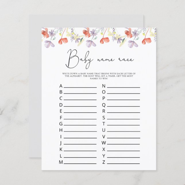 Vilda blommor Baby namn tävling spel (Fram/baksida)