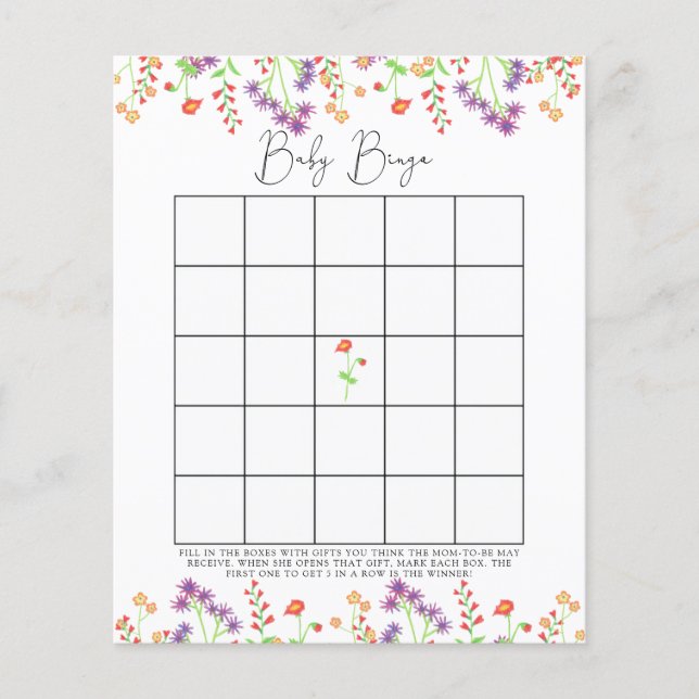 Vilda blommor Baby shower bingo spel (Framsida)