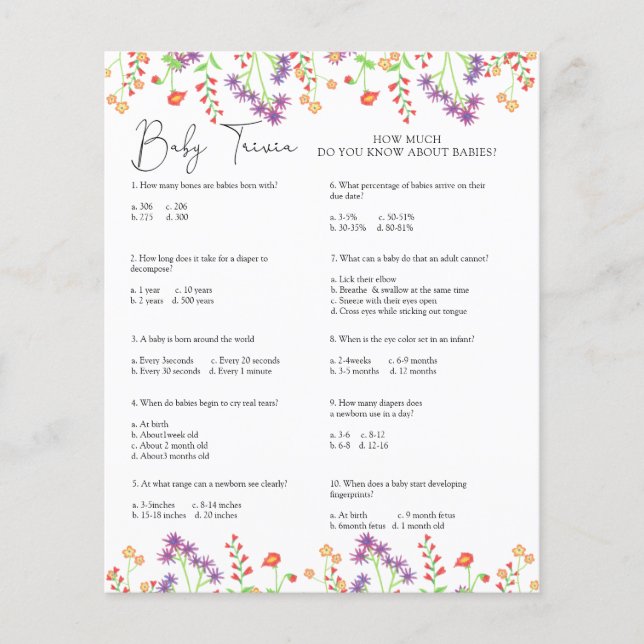 Vilda blommor Baby Trivia | Baby Shower-spel (Framsida)