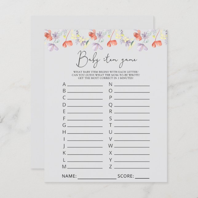 Vilda blommor Babypresentlek Spel. Baby Shower-spe (Fram/baksida)