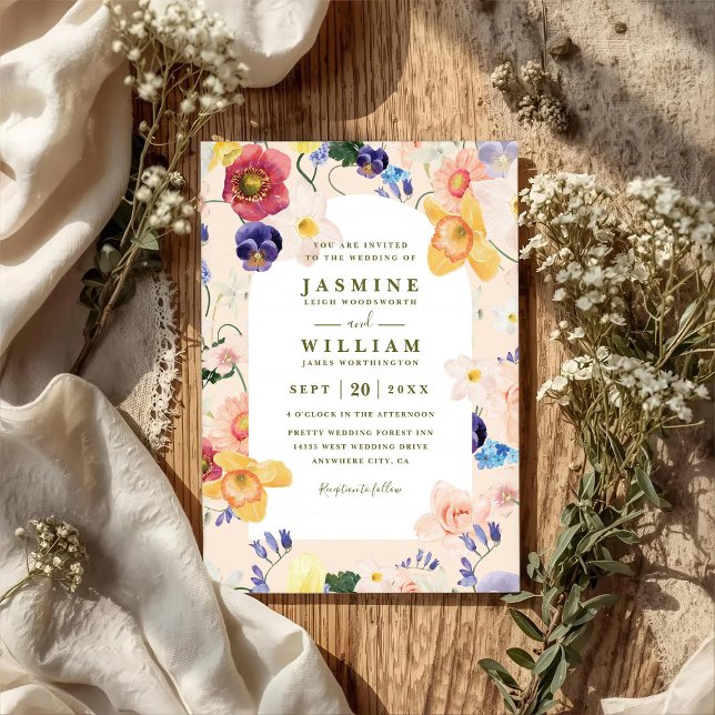 Vilda Blommor Båg Blommar Rustik QR-kod Bröllop Inbjudningar (Skapare uppladdad)