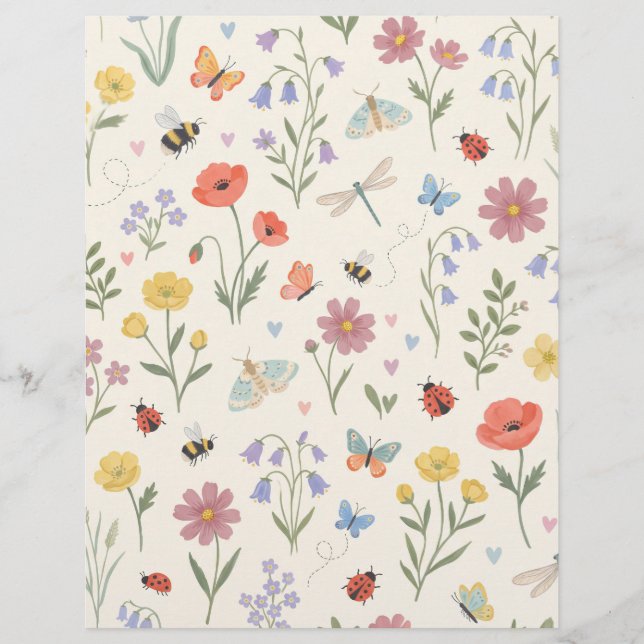 Vilda blommor Bin Fjärilar Scrapbookpapper (Framsida)