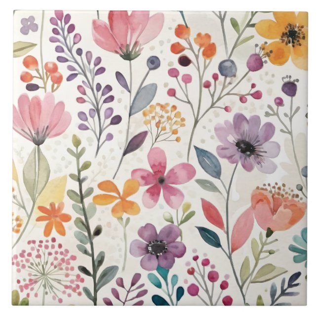Vilda blommor blommande Whimsical mönster Kakelplatta (Framsidan)