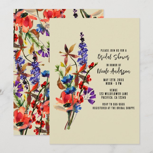 Vilda blommor Blommig akvarell Beige Bröllopsdusch Inbjudningar (Fram/baksida)