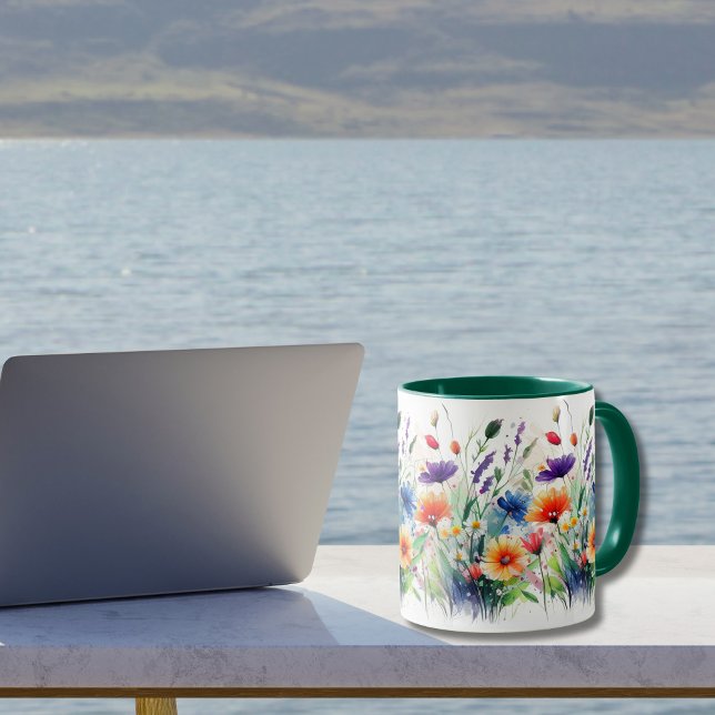 Vilda blommor Blommig akvarell Boho present till h Mugg (Watercolor Wildflowers on a colored handle coffee mug. Choose from many different colored handles)