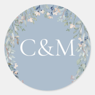 Vilda blommor Blommig dammig blå monogram Runt Klistermärke