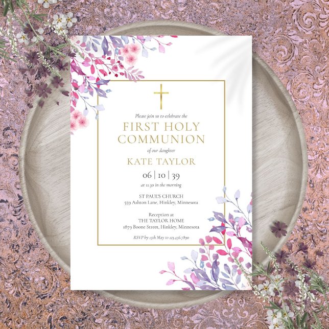 Vilda blommor Blommig Första heliga kommunion Inbjudningar (Wildflowers Floral First Holy Communion Invitation)
