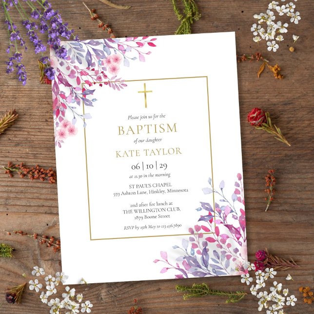 Vilda blommor Blommig Guld Dop Inbjudan Vykort (Wildflowers Floral Gold Baptism Christening Invitation Postcard)