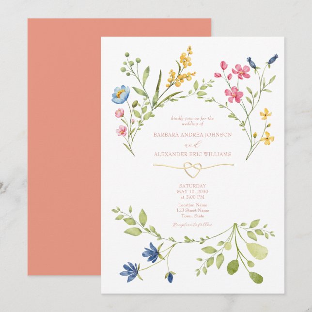 Vilda Blommor Boho Peach Bröllopsinbjudan Inbjudningar (Fram/baksida)