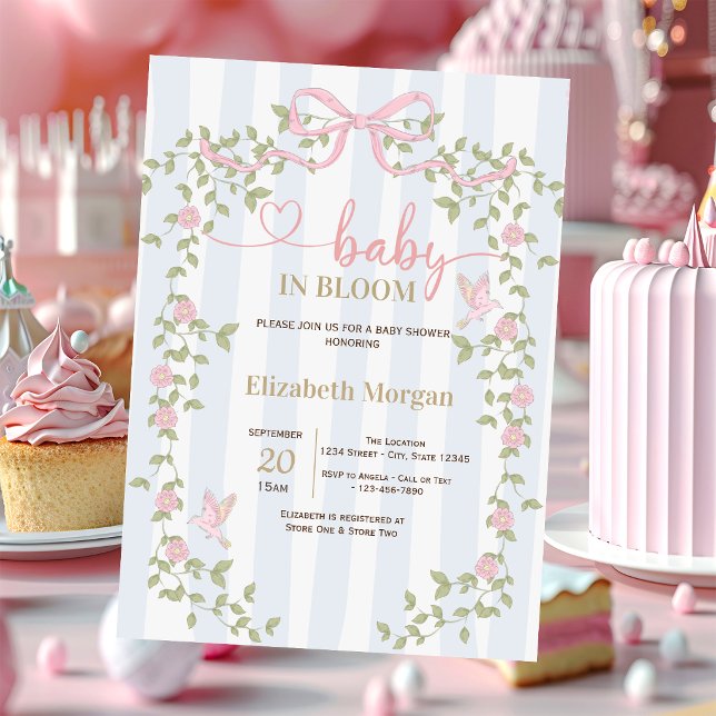 Vilda blommor Bow Blå Ränder Babyfirande Inbjudningar (Skapare uppladdad)