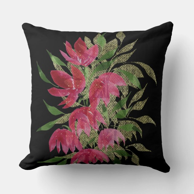 Vilda blommor Broderad texturerad boho akvarell Kudde (Framsida)