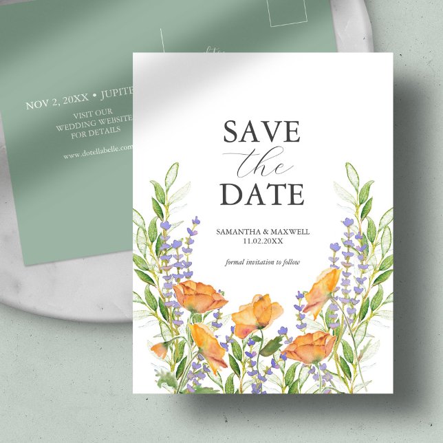 Vilda Blommor Bröllopstema Spara Datum Vykort (Save the date postcard watercolor wildflower blooms by Victoria Grigaliunas of Do Tell A Belle)