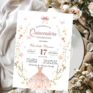 Vilda blommor Chic Glitter Klänning Bow Quinceaner Inbjudningar