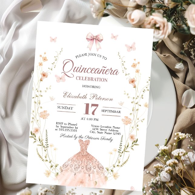 Vilda blommor Chic Glitter Klänning Bow Quinceaner Inbjudningar (Skapare uppladdad)