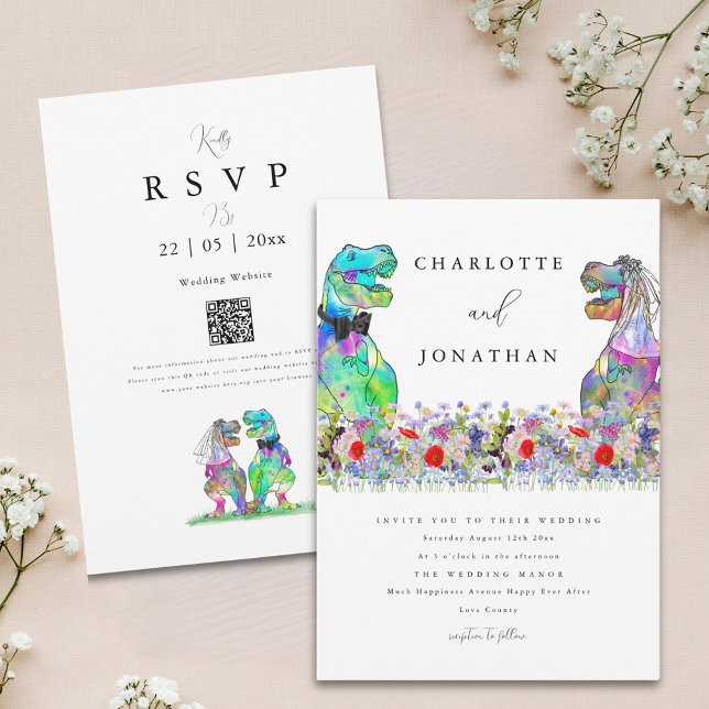 Vilda Blommor Dinosaurie Tema Bröllop Inbjudningar (Boho colorful wildflower dinosaur wedding invitation )