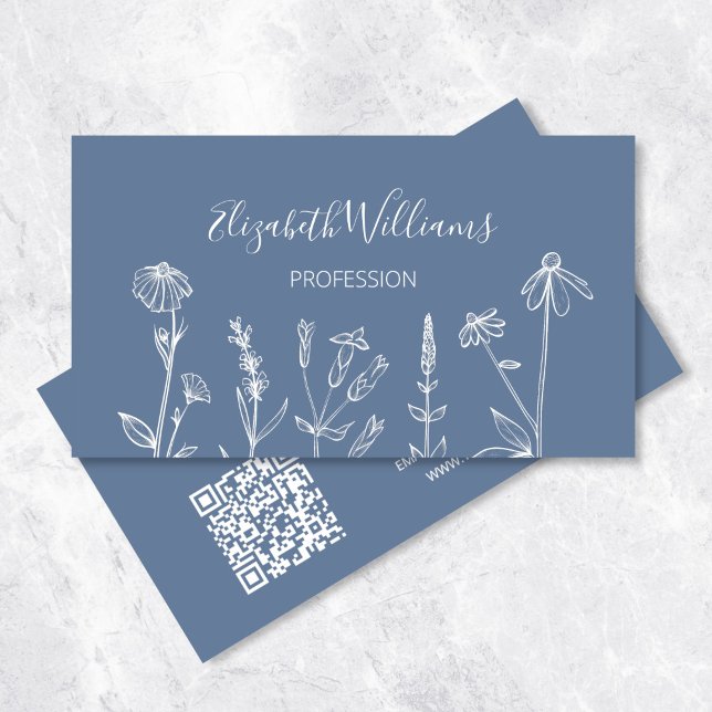 Vilda blommor Dusty Blue | QR-kod Visitkort (Skapare uppladdad)