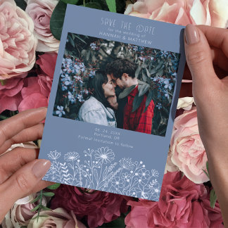 Vilda blommor Elegant dammig blå boho foto bröllop Spara Datumet