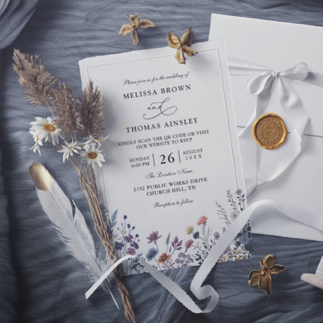 Vilda blommor Elegant Modern Budget QR-kod Bröllop Inbjudningar (Skapare uppladdad)