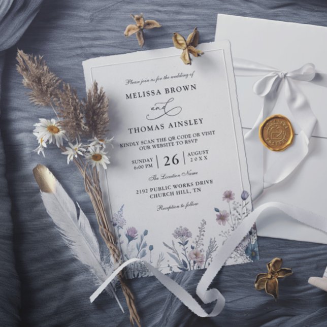 Vilda blommor Elegant Modern Budget QR-kod Bröllop Inbjudningar (Skapare uppladdad)