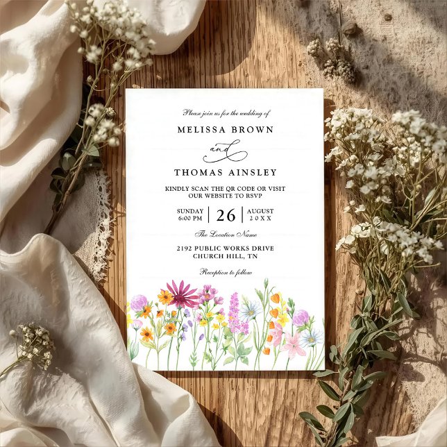 Vilda blommor Elegant Modern Chic QR-kod Bröllop Inbjudningar (Skapare uppladdad)