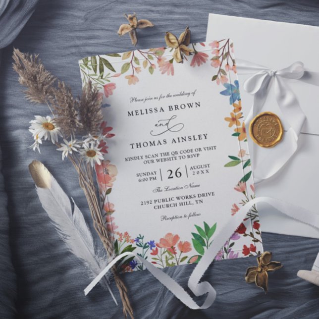 Vilda blommor Elegant Modern Chic QR-kod Bröllop Inbjudningar (Skapare uppladdad)