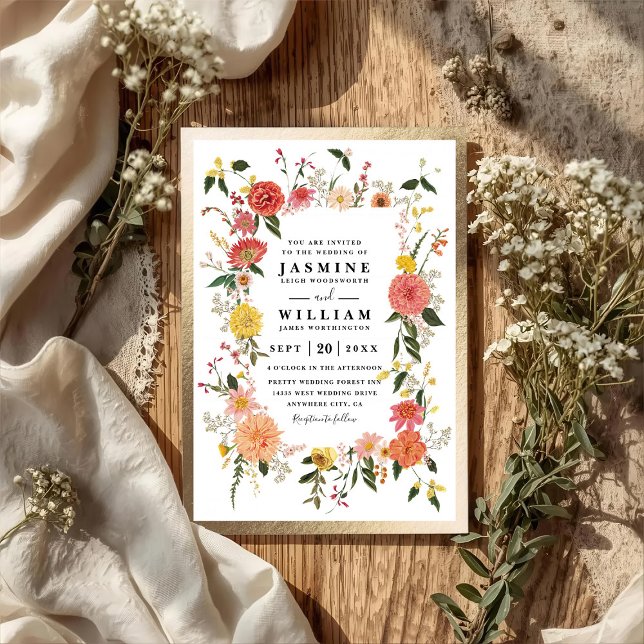 Vilda Blommor Elegant Modern Chic QR-kod Bröllop Inbjudningar (Skapare uppladdad)