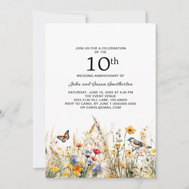 Vilda blommor Fåglar Fjärilar 10-årsjubileum Inbjudningar (Framsida)