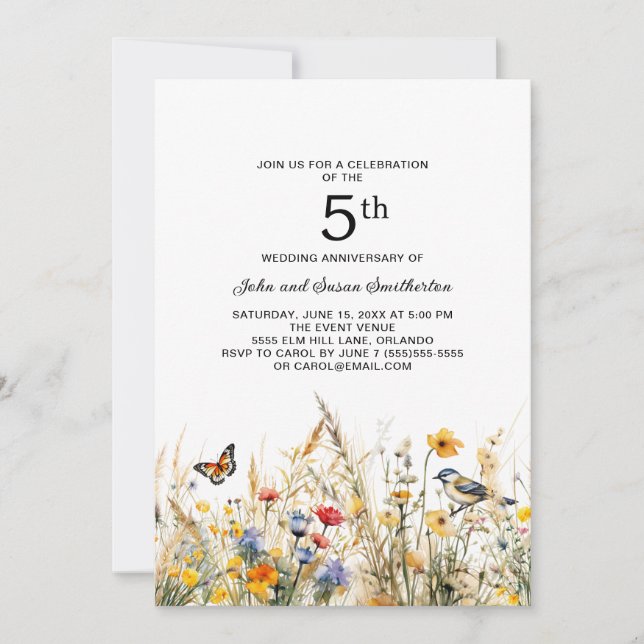 Vilda blommor Fåglar Fjärilar 5-årsjubileum Inbjudningar (Framsida)