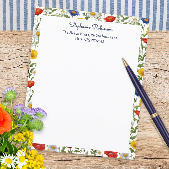 Vilda blommor Färgrik blomsterkant Papper (Beautiful writing paper, personalized with name and address, with a colorful border of wildflowers)
