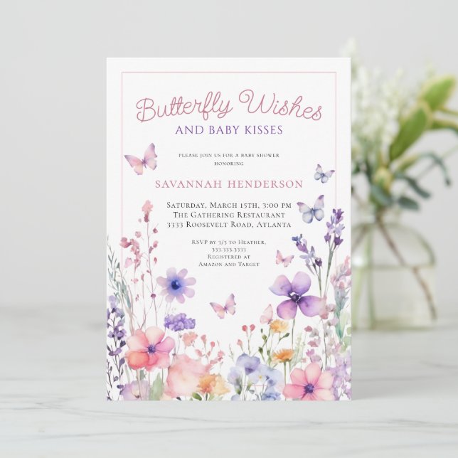 Vilda blommor Fjäril Önskar Babyfirande Inbjudningar (Stående Fram)