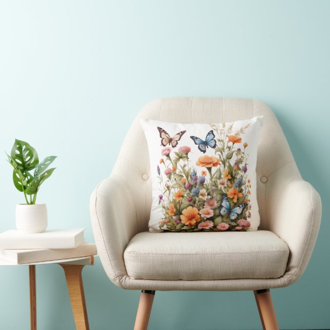 Vilda blommor Fjärilar Akvarell Trädgårdsblommor Kudde (Stol)