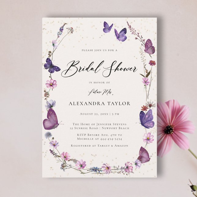 Vilda blommor Fjärilar Blommig Bröllopsfestival Inbjudningar (butterfly wild flowers frame bridal shower invitation boho chic elegant watercolor pink purple gold)