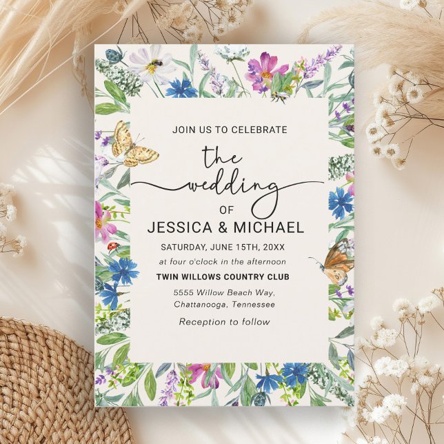 Vilda blommor Fjärilar Ram Handskriven  Inbjudningar (Wildflowers and butterflies wedding invitation)