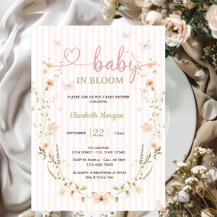 Vilda Blommor Fjärilar Rosa Ränder Bebis Shower Inbjudningar