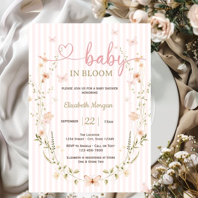 Vilda Blommor Fjärilar Rosa Ränder Bebis Shower Inbjudningar (Skapare uppladdad)
