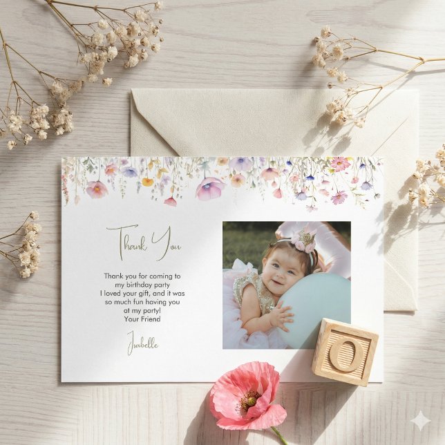 Vilda Blommor Flickor 1-årsdag Fyrkantig Fest Foto Tack Kort (Skapare uppladdad)