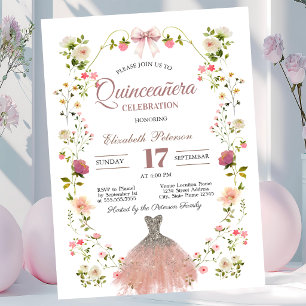 Vilda blommor Glitter Klänning Bow Quinceanera Inbjudningar
