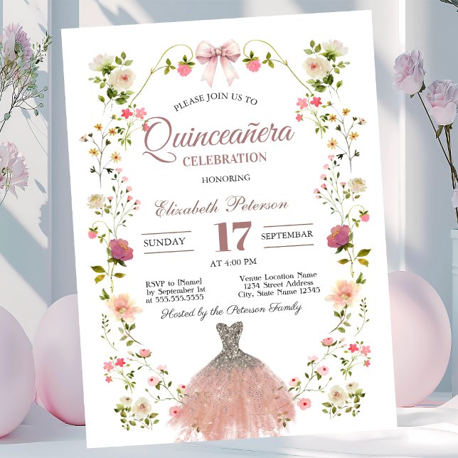 Vilda blommor Glitter Klänning Bow Quinceanera Inbjudningar (Skapare uppladdad)