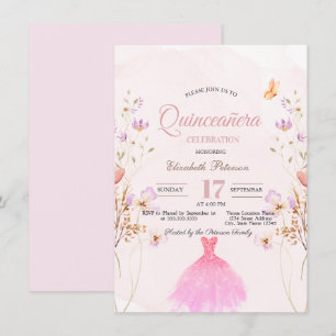 Vilda blommor Glitter Klänning Rosa Quinceanera Inbjudningar