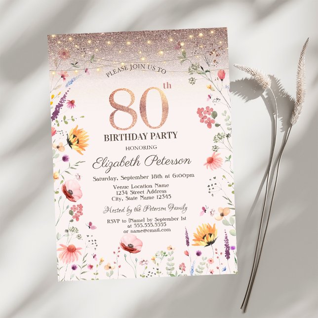 Vilda blommor Glittrande Strängljus 80-årsdag   Inbjudningar (Skapare uppladdad)