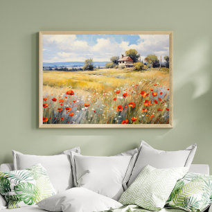 Vilda blommor i lantligt fält rustikt bondgårdshus poster