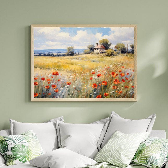 Vilda blommor i lantligt fält rustikt bondgårdshus poster (Orange White Wildflowers Country Rustic Landscape Farmhouse Wall Art Watercolor Print)
