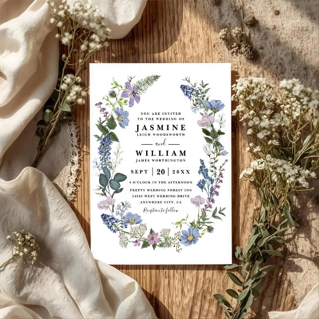 Vilda blommor Lila Elegant Modern QR-kod Bröllop Inbjudningar (Skapare uppladdad)